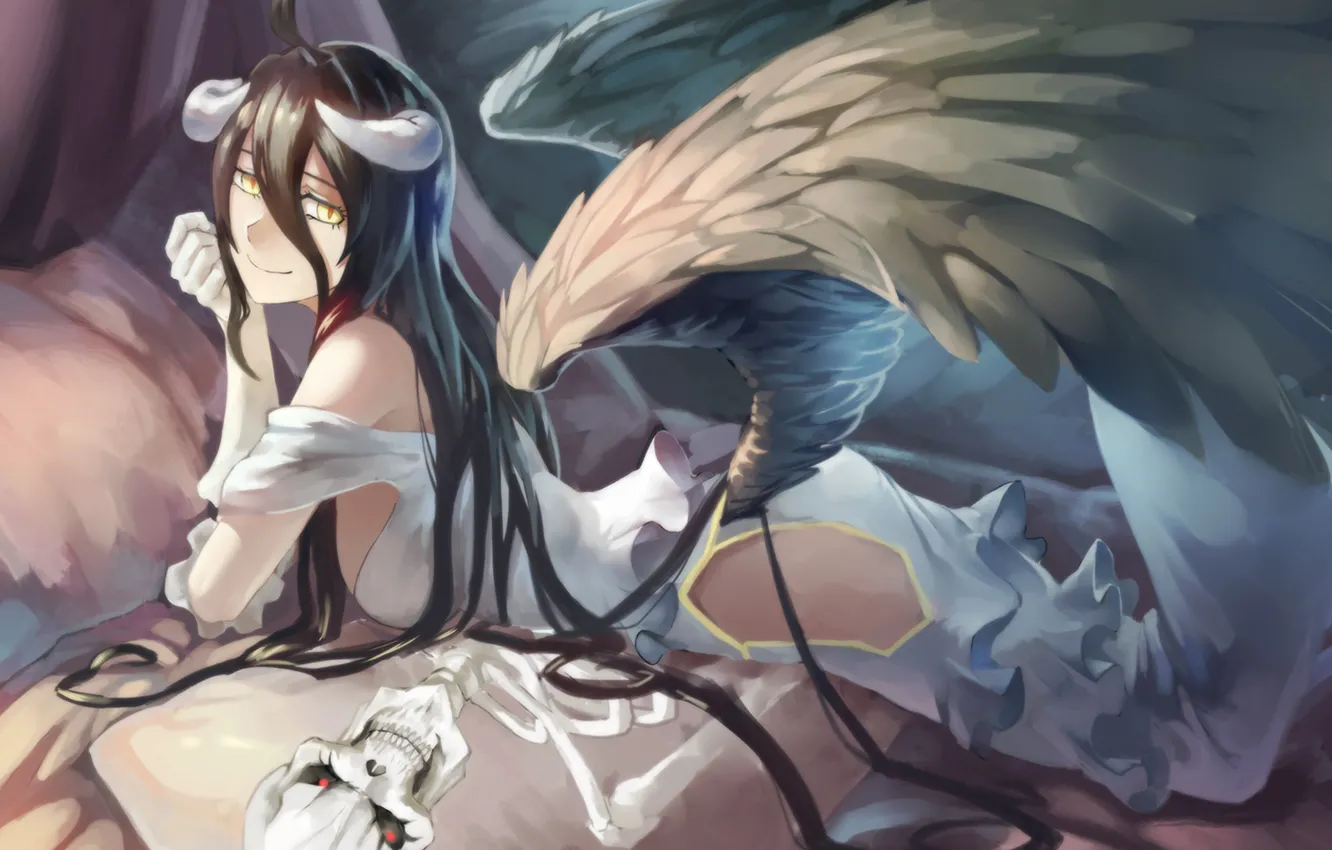 Фото обои девушка, крылья, рога, Overlord, anime, art, albedo