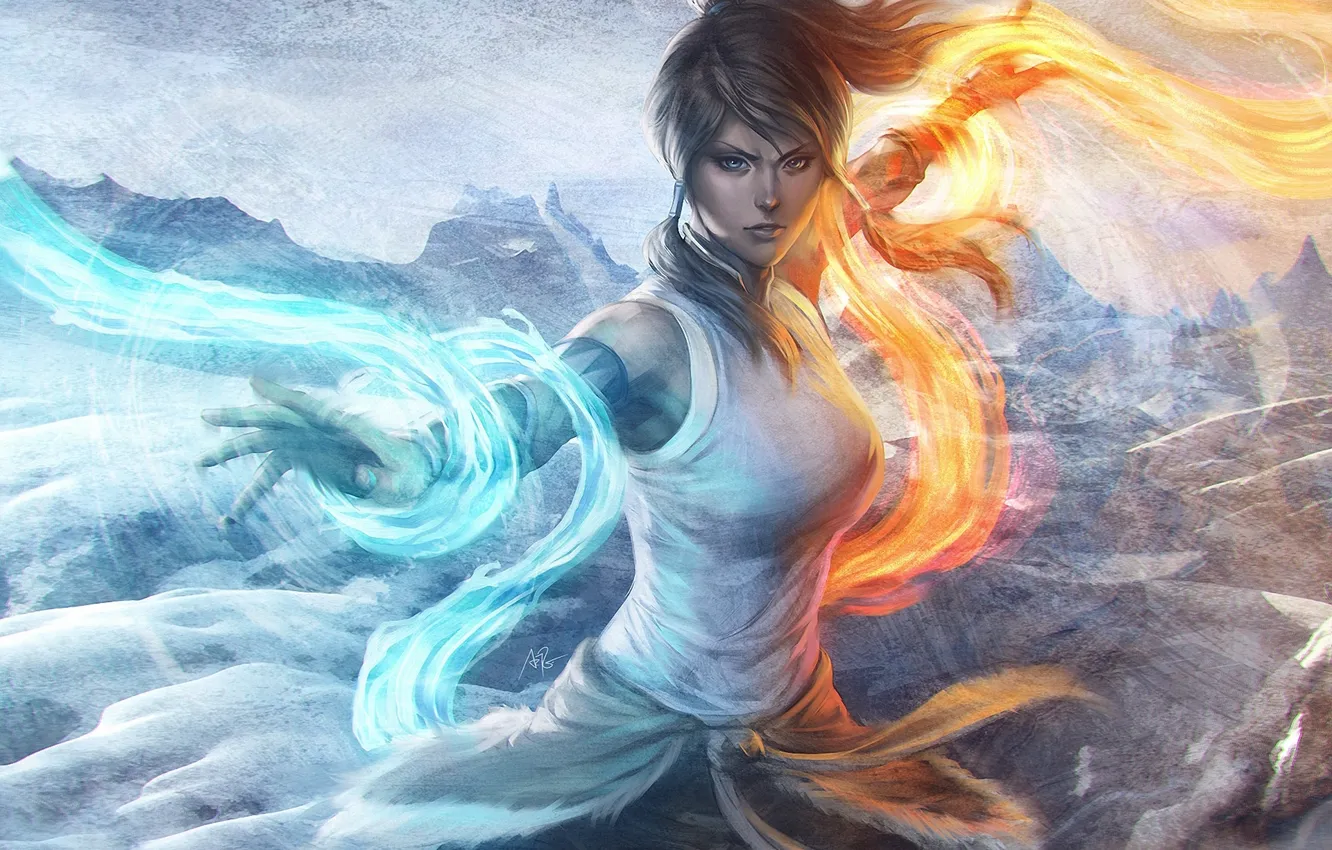 Фото обои вода, девушка, горы, огонь, стихия, магия, арт, avatar, korra, the legend of korra
