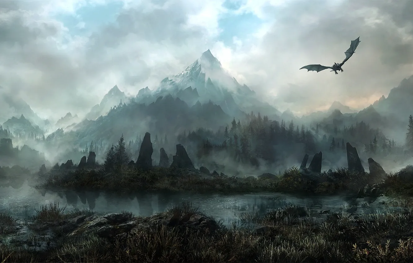 Фото обои лес, горы, туман, камни, дракон, арт, deviantart, JonasDeRo, Land Of Skyrim