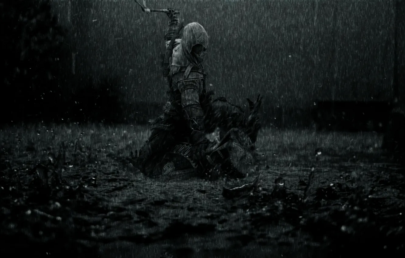 Фото обои дождь, dark, убийца, rain, creed, assassins, assassin, кредо убийц, Assassin's Creed 3, connor, knight, rises, …