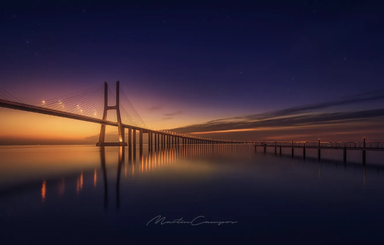 Фото обои небо, вода, мост, огни, вечер, Португалия