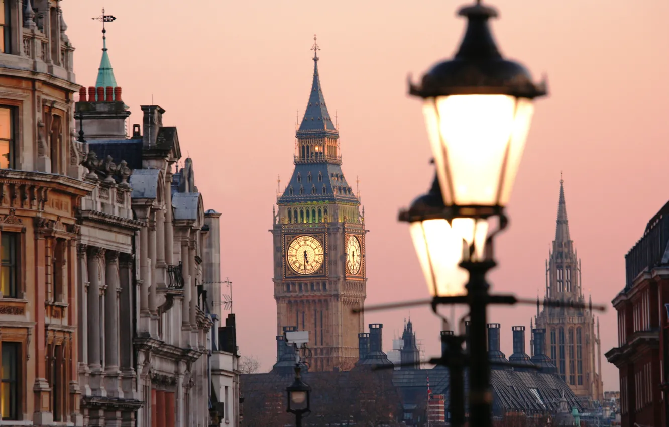 Фото обои свет, закат, город, Англия, Лондон, здания, вечер, освещение, фонари, Великобритания, Биг-Бен, архитектура, London, England, Big …