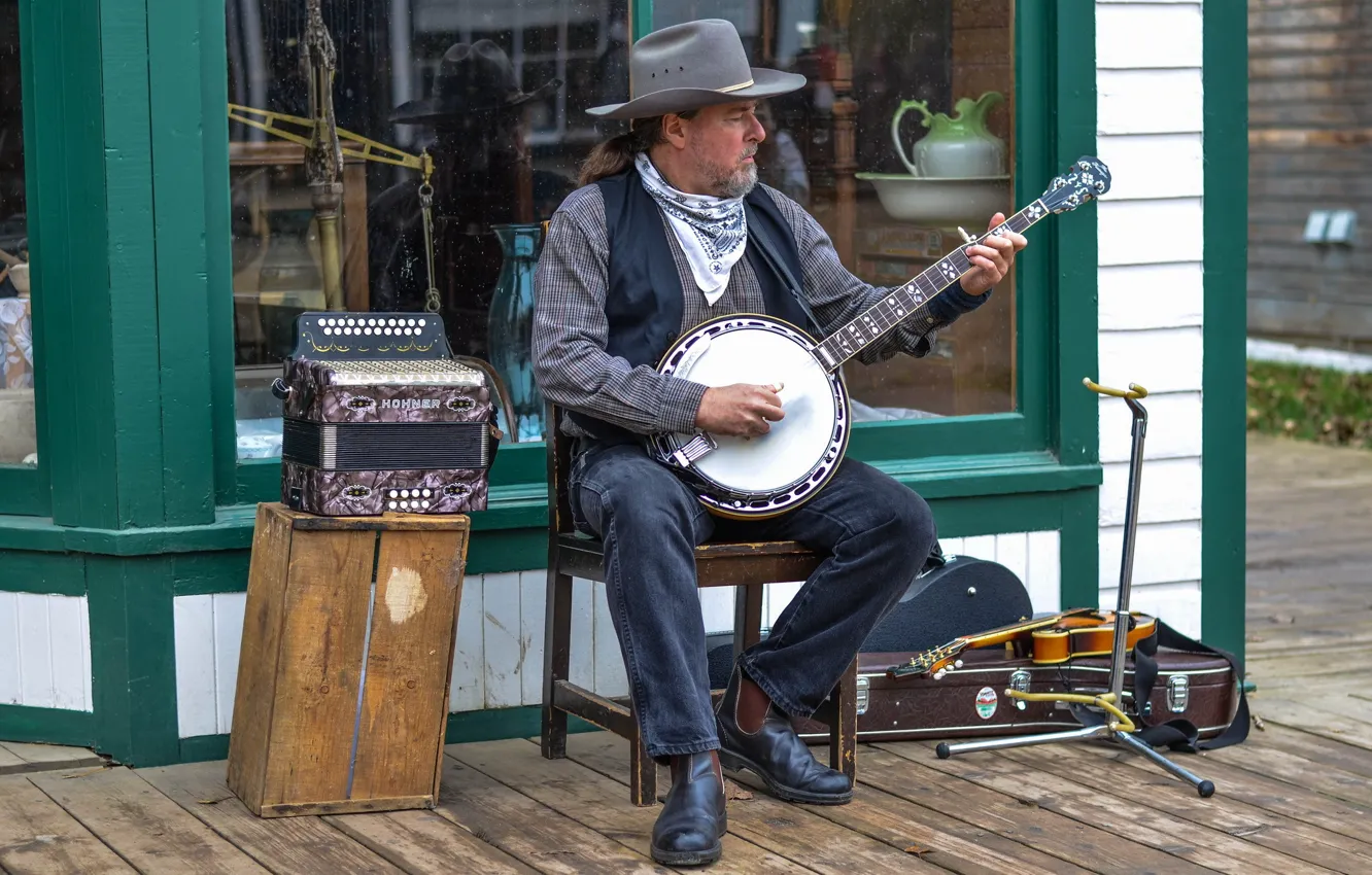 Фото обои музыка, улица, player, banjo. 