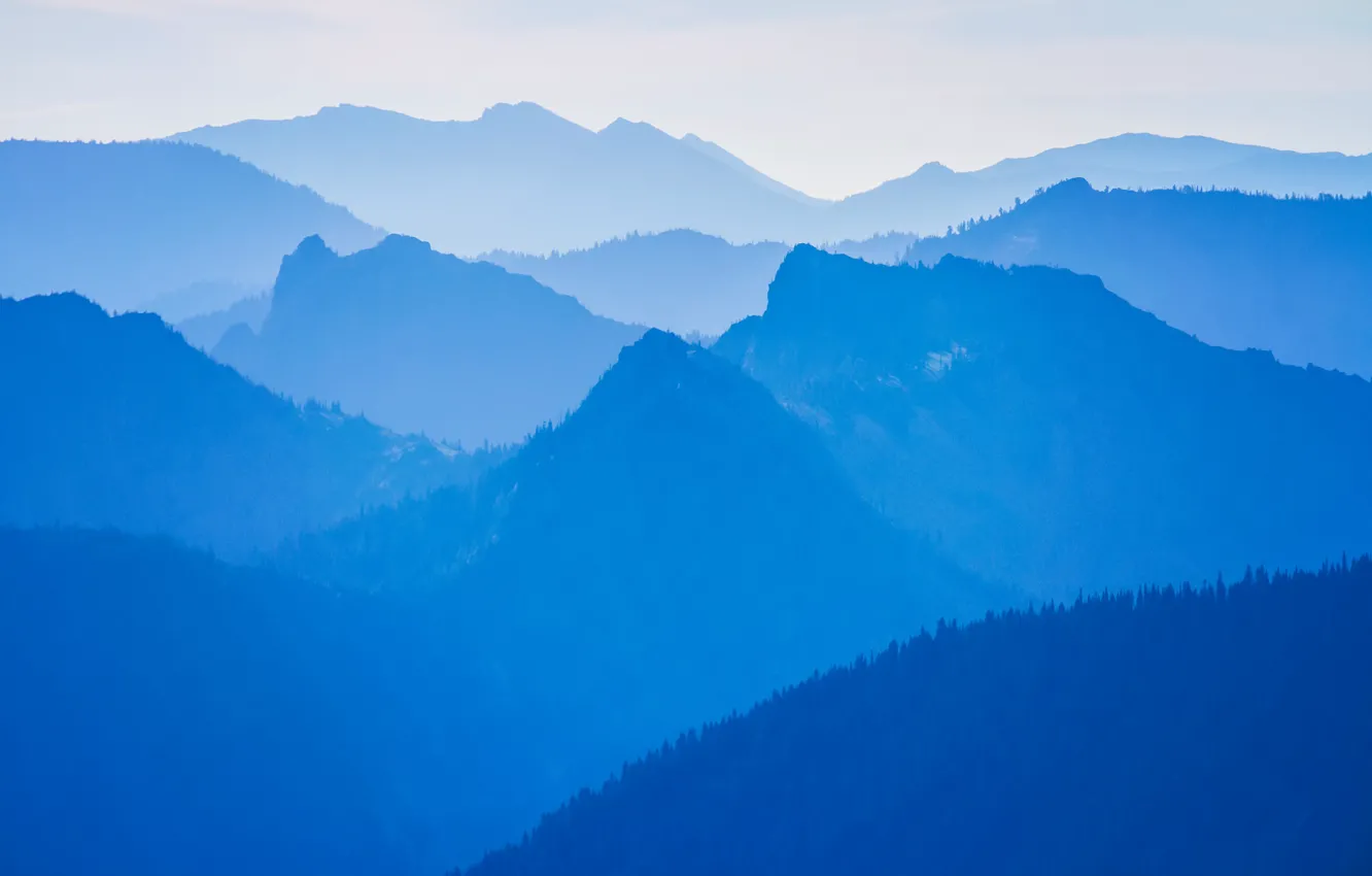 Фото обои горы, утро, дымка, туманы, синий туман