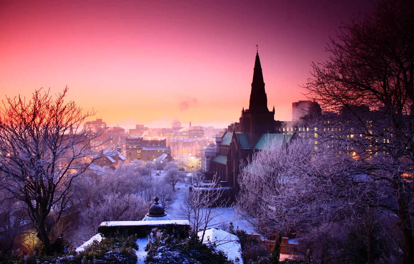 Фото обои зима, закат, город