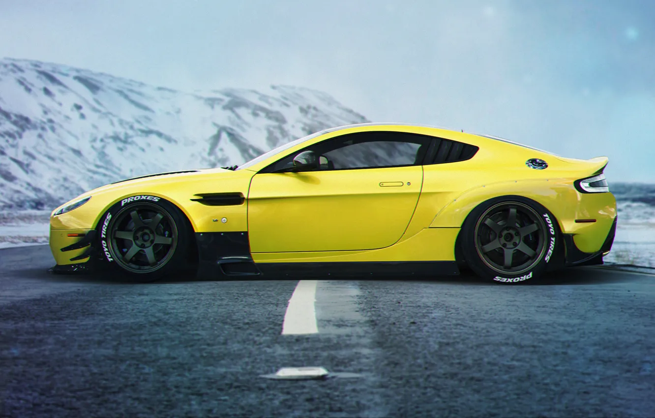 Фото обои Aston Martin, Car, Yellow, Side, Sport, Vanquish, Stance