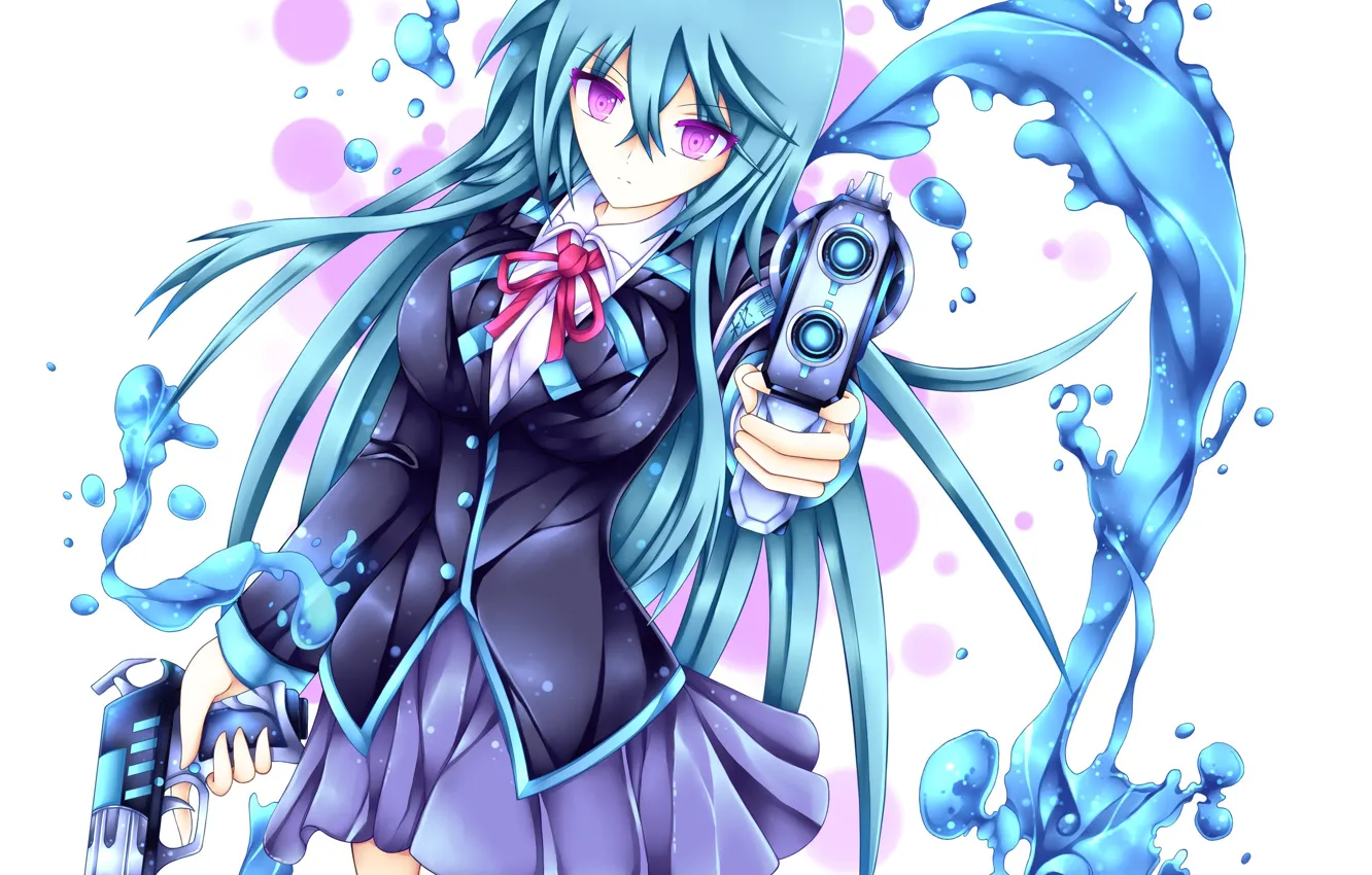 Фото обои вода, девушка, капли, оружие, пистолеты, аниме, арт, школьница, бант, snowcorridor