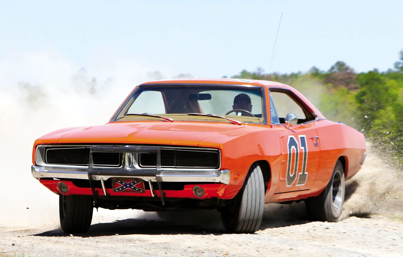 Фото обои оранжевый, фон, пыль, занос, Додж, 1969, Dodge, Charger, Мускул кар, General Lee, передок.Muscle car, Чарджер.Генерал …