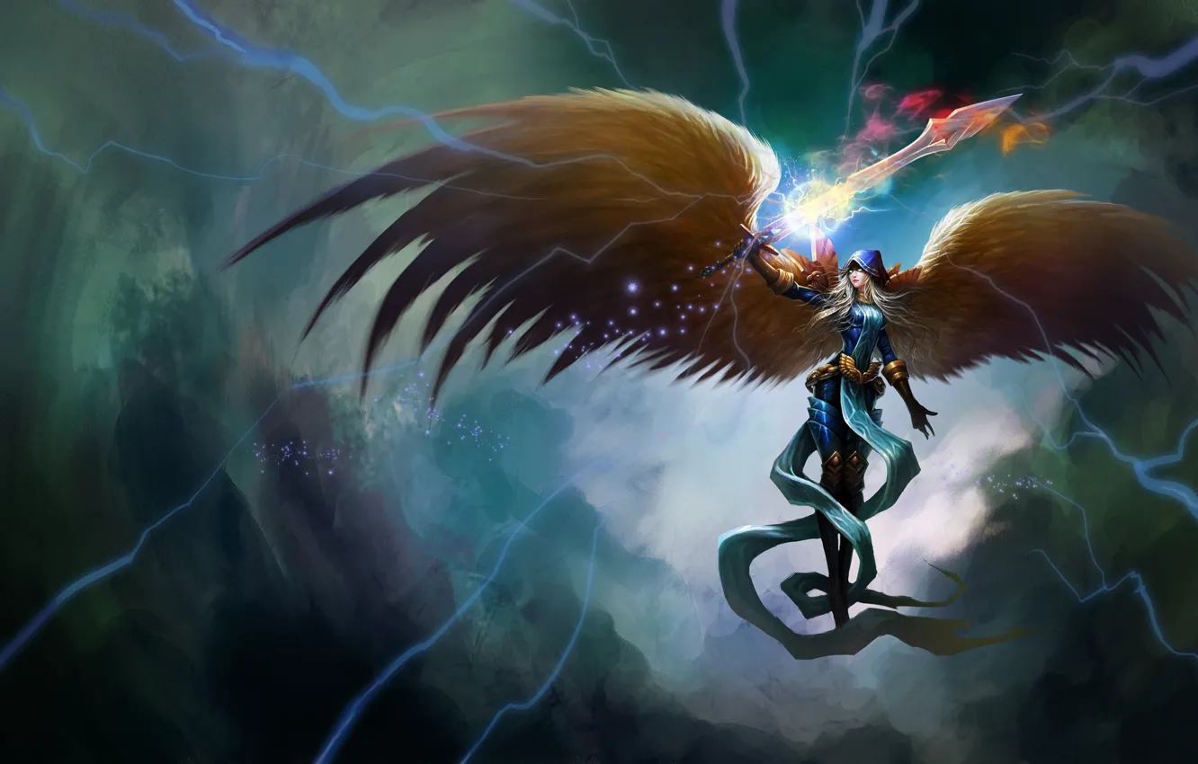 Фото обои девушка, магия, молнии, крылья, ангел, меч, арт, League of Legend...