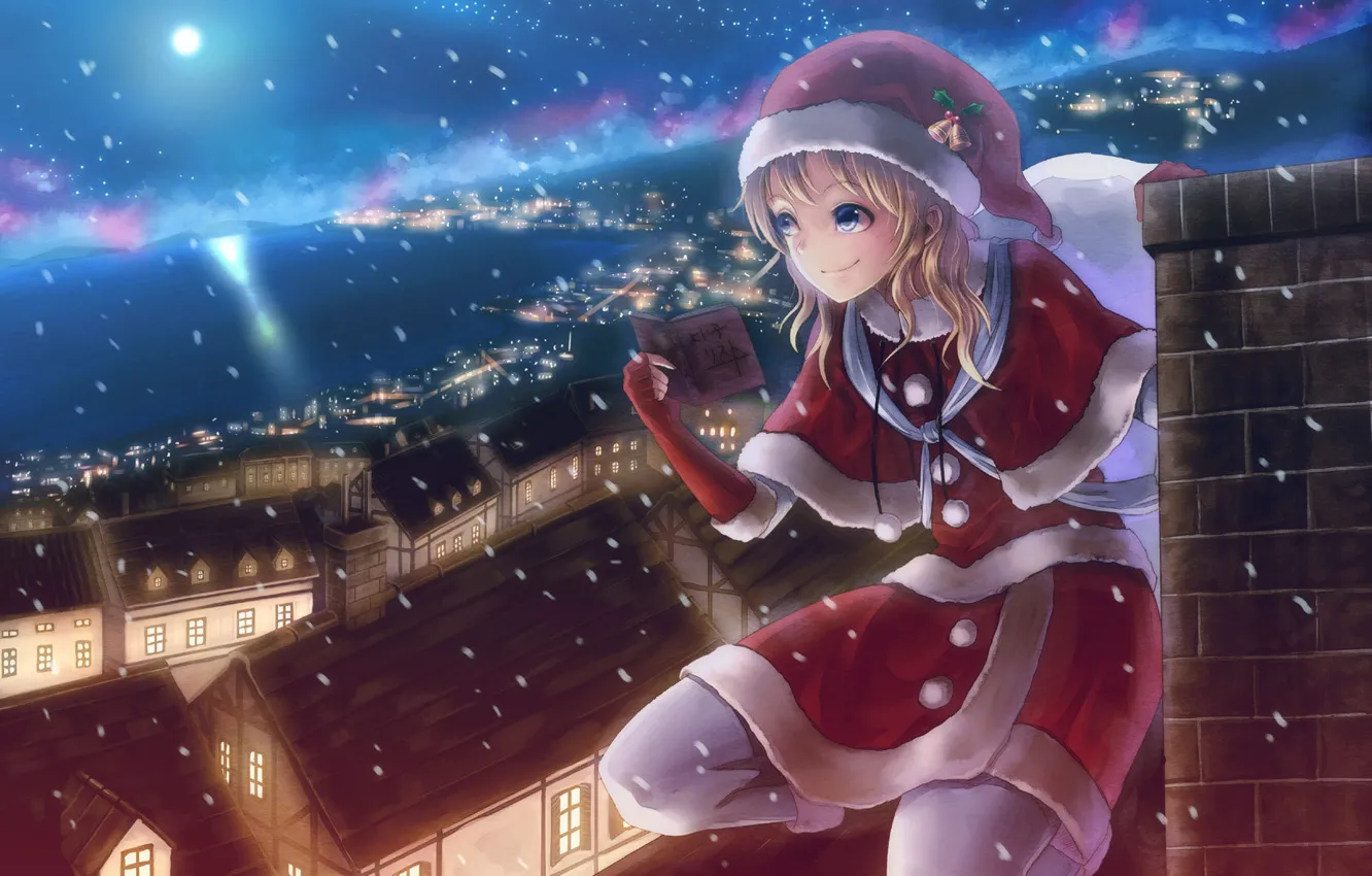 Фото обои крыша, ночь, город, огни, праздник, новый год, аниме, труба, снегурочка