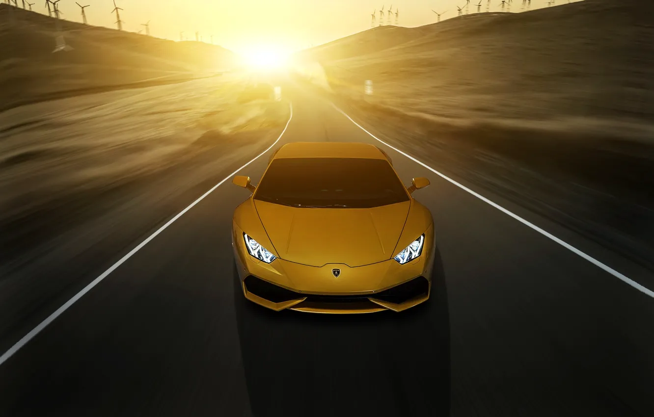 Фото обои Lamborghini, yellow, sunset, front, LP 610-4, Huracan, LB724
