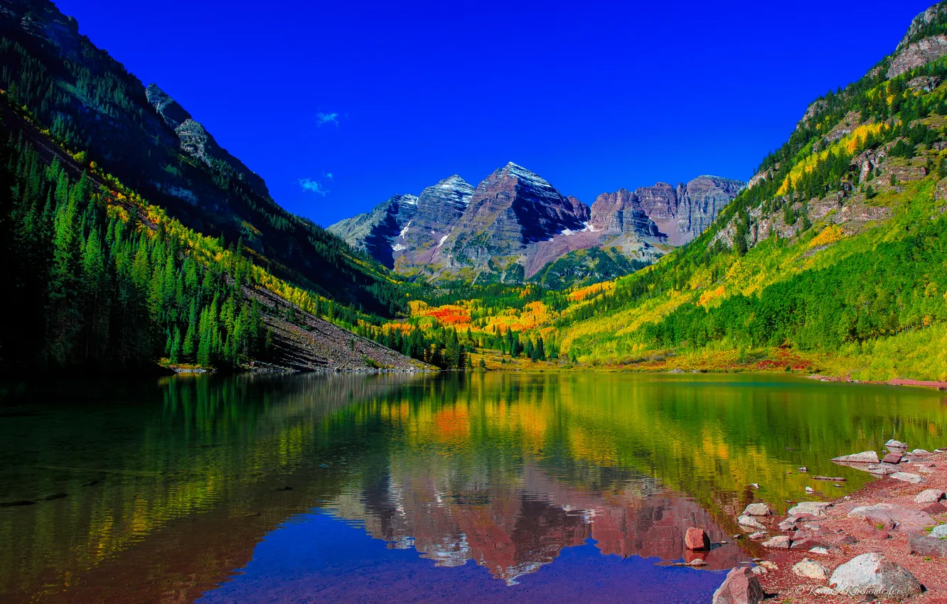 Фото обои горы, озеро, отражение, вершины, Колорадо, Colorado, Скалистые горы, Maroon Lake, Maroon Bells, Rocky Mountains, Elk …