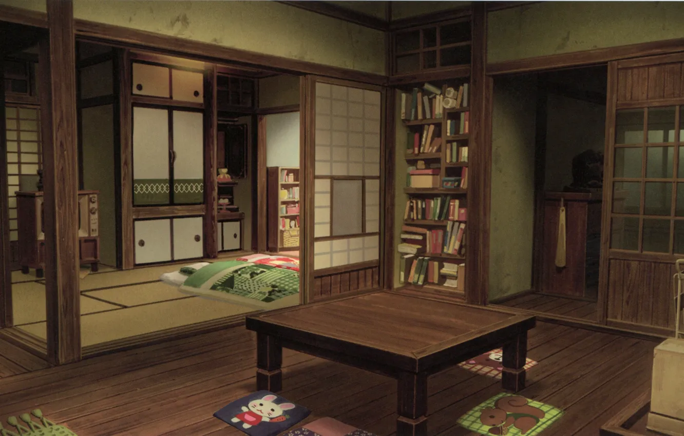 Фото обои стол, книги, Япония, постель, спальня, гостиная, шкафы, татами, футон, by Kusanagi