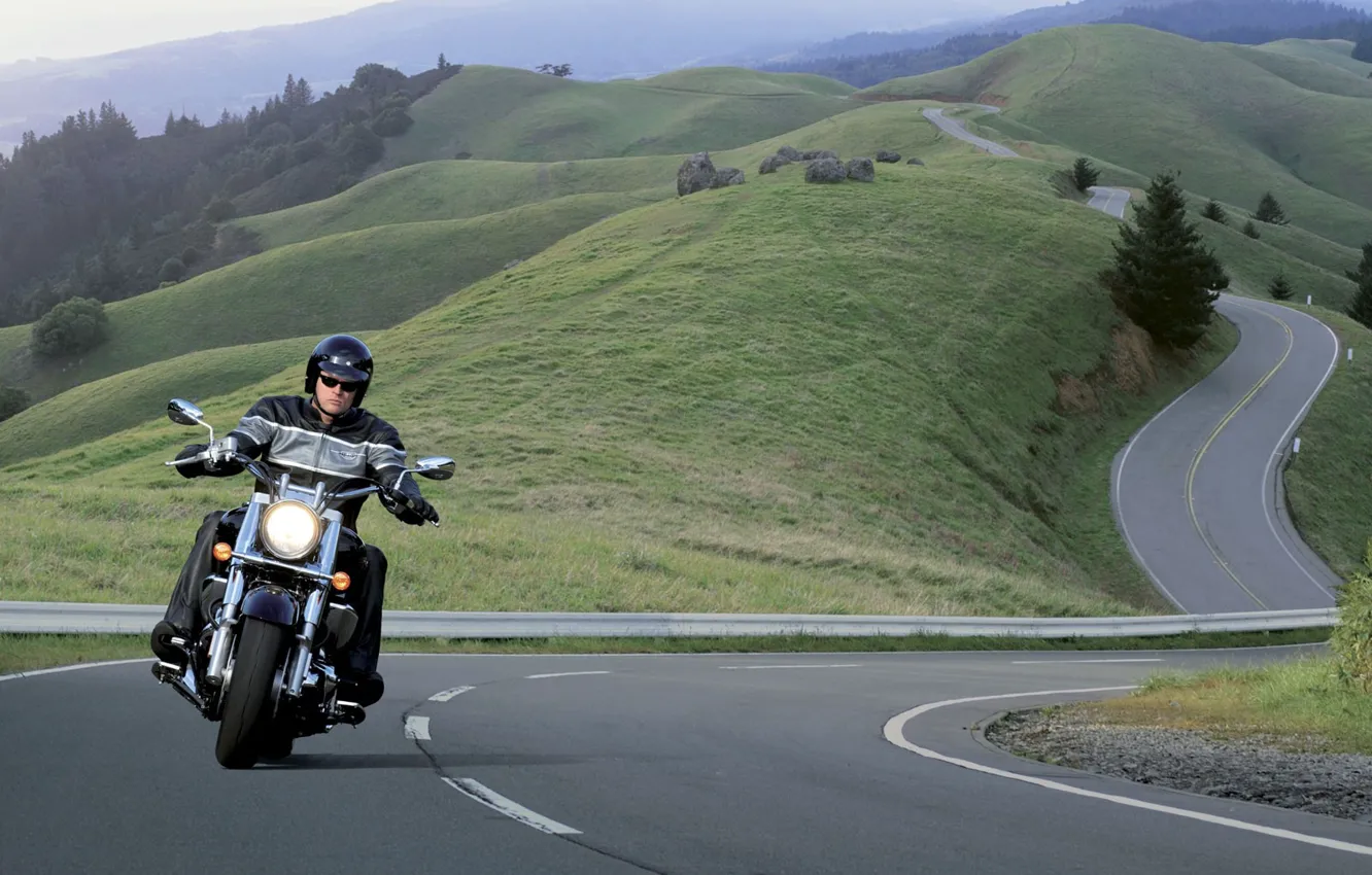 Фото обои Дорога, Серпантин, Мотоцикл, Harley Davidson