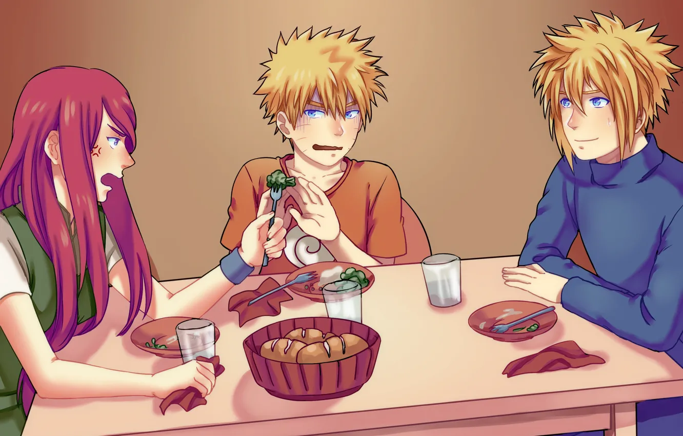 Фото обои Naruto, naruto, art, Minato, броколи, завтракают, Kushina