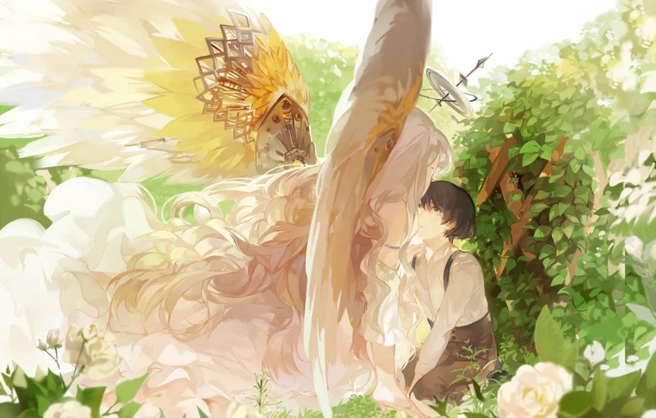 Фото обои листья, девушка, цветы, розы, крылья, ангел, аниме, арт, парень, кусты, нимб, nineo