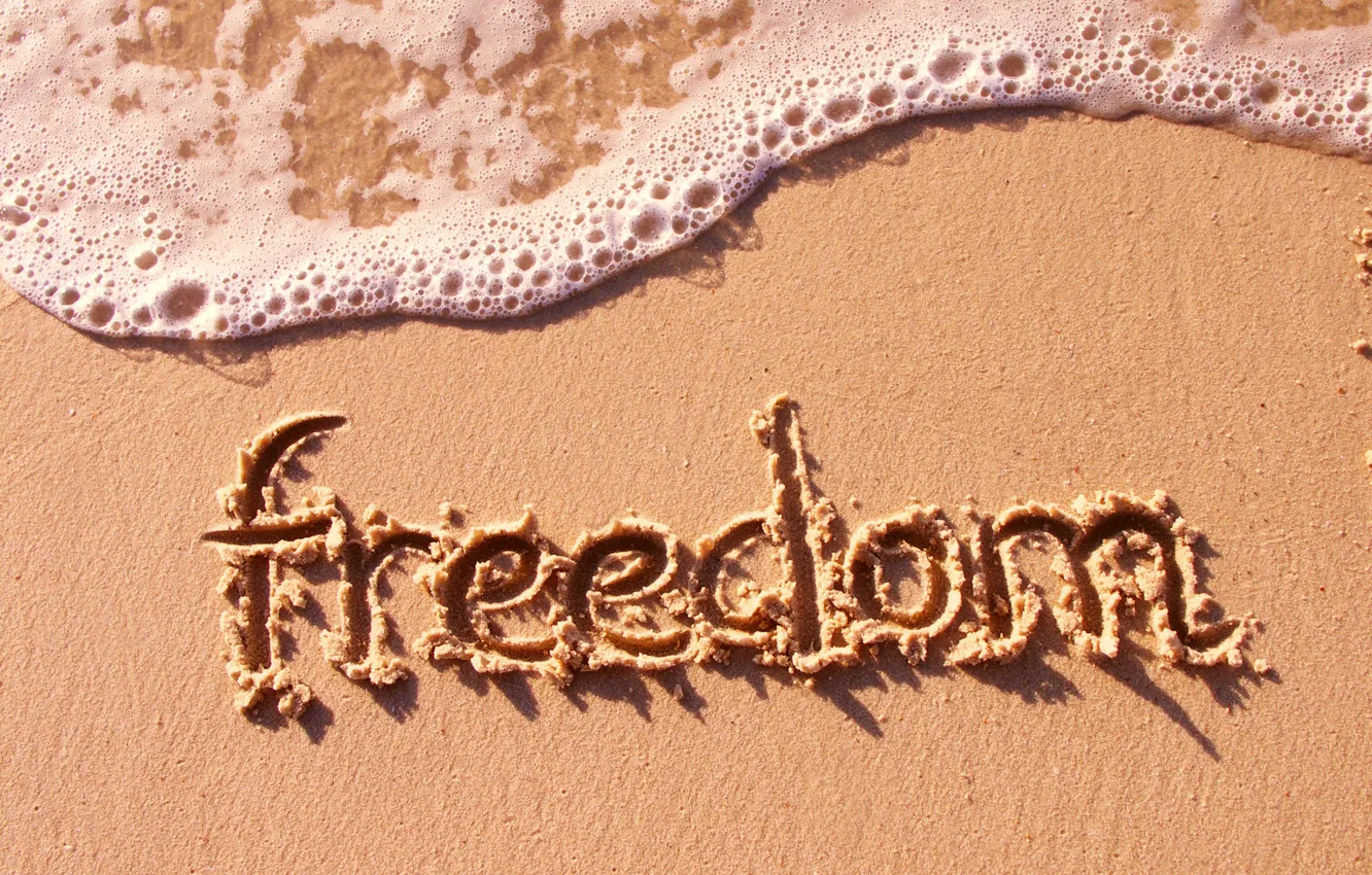 Обои песок, море, пляж, свобода, настроение, надпись, волна ...