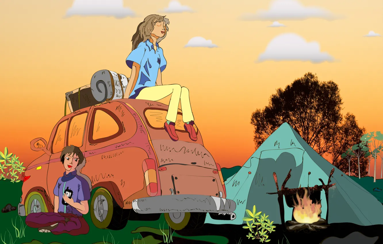 Фото обои машина, девушка, закат, природа, фото, дерево, огонь, отдых, рисунок, палатка, телефон