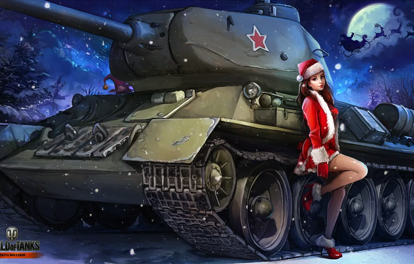 Фото обои зима, девушка, снег, ночь, луна, рисунок, новый год, арт, танк, снегурочка, олени, в красном, советский, …