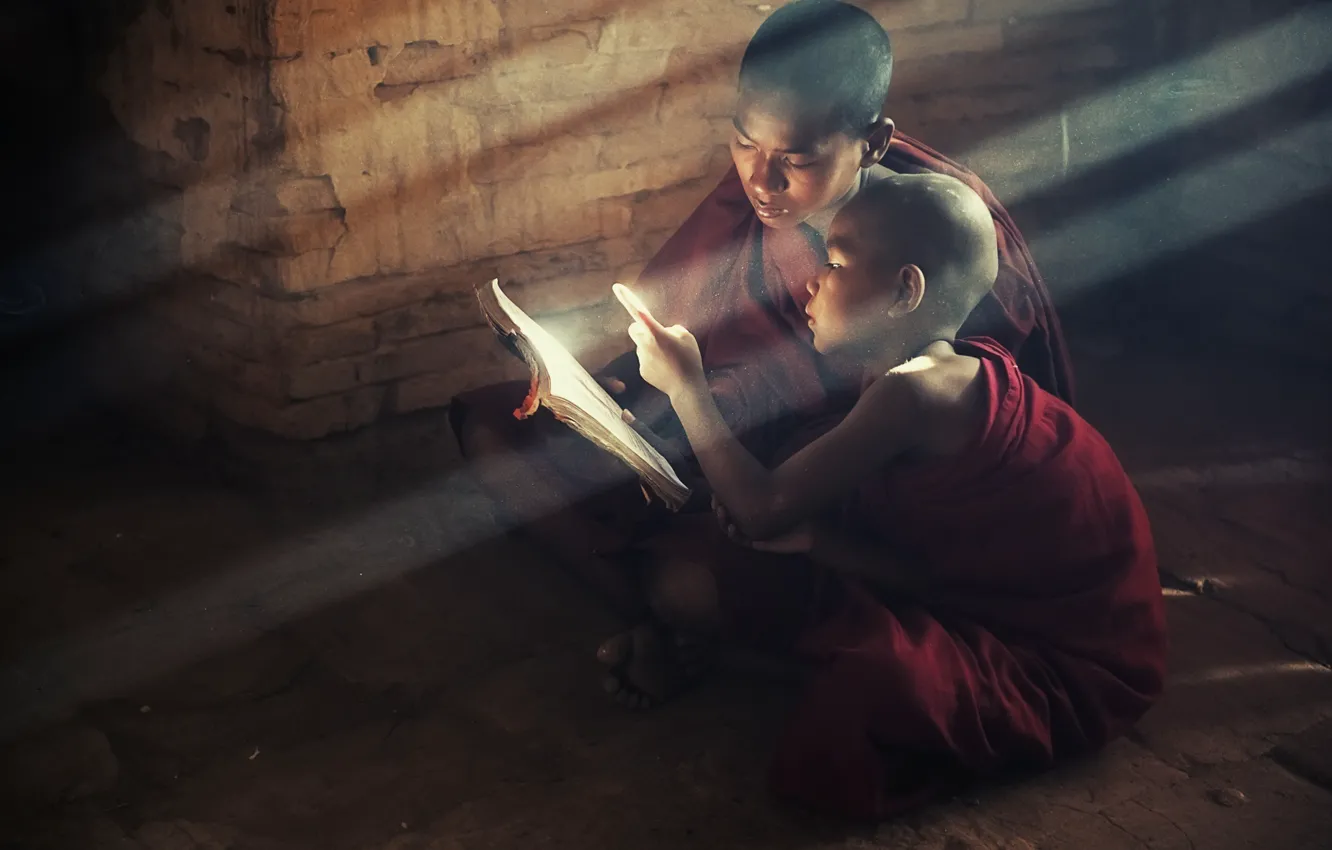 Фото обои свет, дети, книга, saint, book, children, reading, буддизм, kids, монахи, monks, читают, buddism