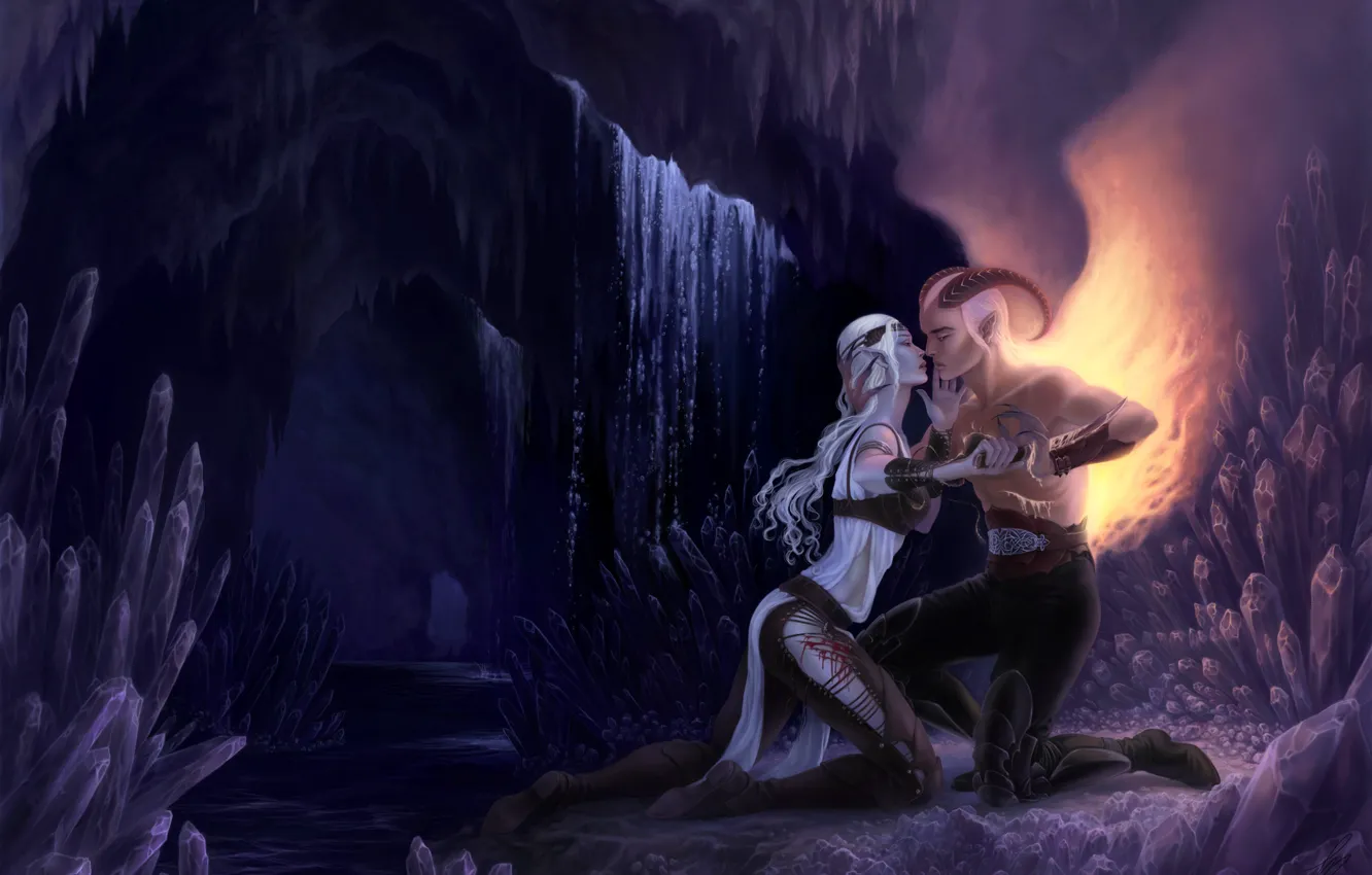 Фото обои девушка, любовь, крылья, демон, пещера, парень, кристалы, длинные волосы, влюбленная пара, седые волосы