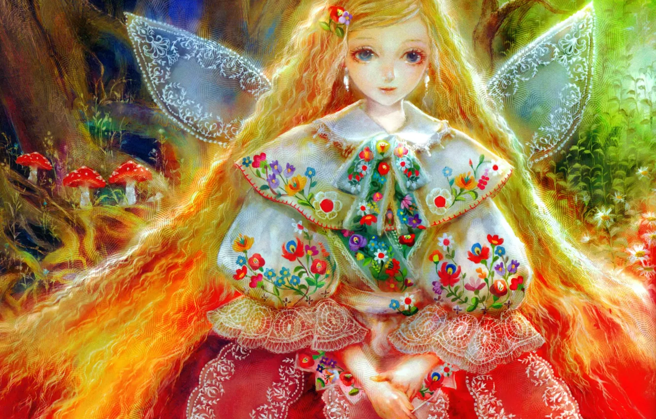 Фото обои цветы, крылья, фея, девочка, мухоморы, кружева, длинные волосы, вышивка, златовласка, лесная фея
