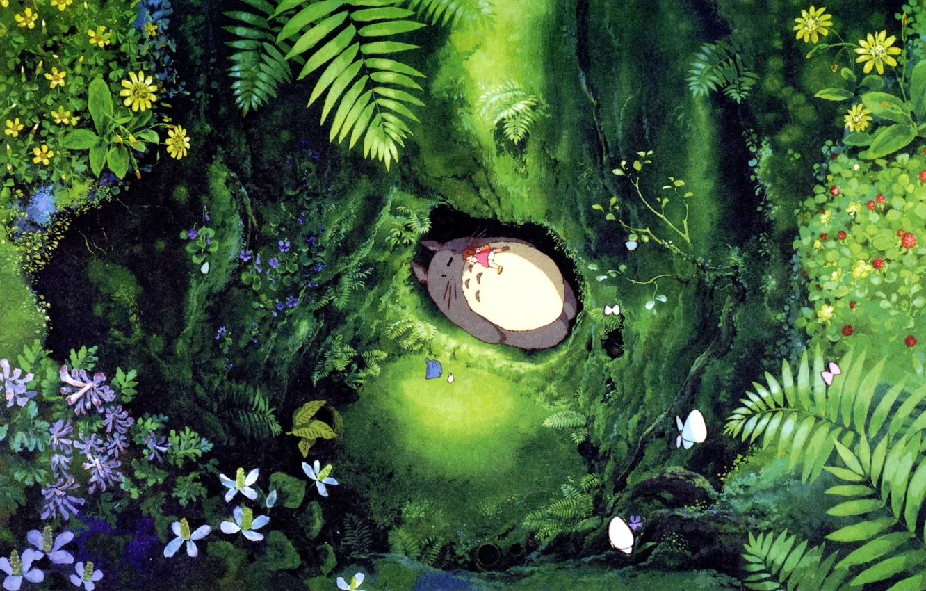 Фото обои лес, листья, цветы, нора, девочка, лежит, Хаяо Миядзаки, Hayao Miyazaki, Tonari no Totoro, мой сосед …