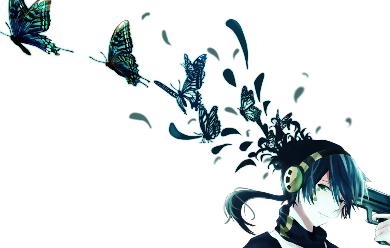Фото обои бабочки, улыбка, пистолет, аниме, наушники, арт, парень, konoha, kagerou project, icchan
