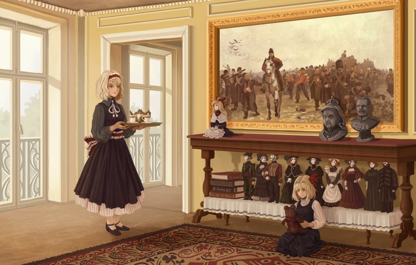 Фото обои девушки, игрушки, книги, куклы, картина, медведь, арт, горничная, поднос, Touhou, Rumia, Alice Margatroid, Snanghai doll