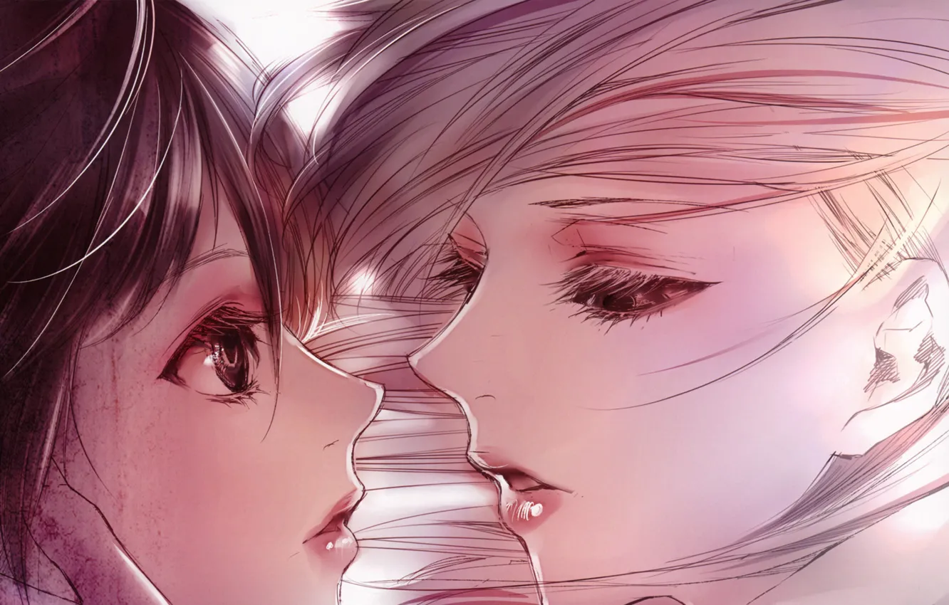 Фото обои крупный план, рисунок, Девушки, двое, art, почти поцелуй, Kiyohara Hiro