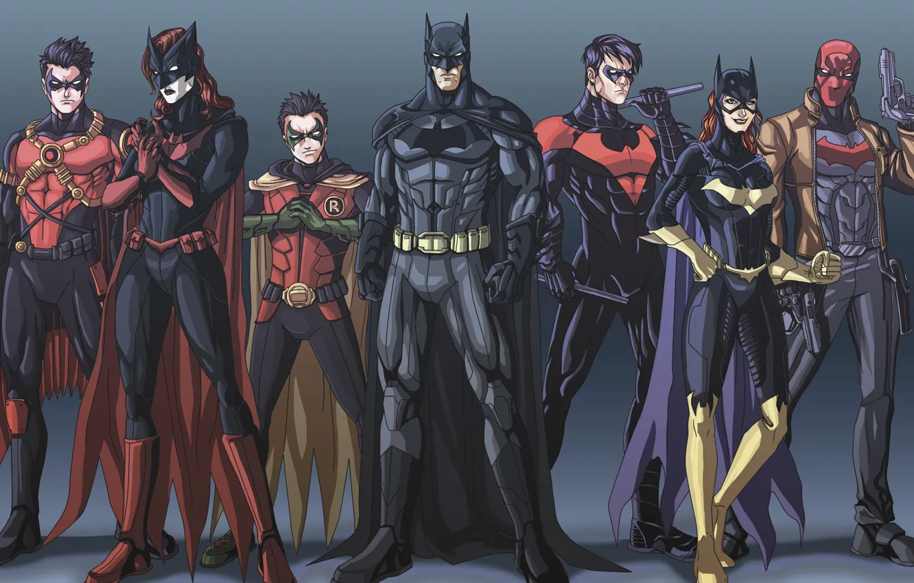 Фото обои арт, Бэтмен, Batman, Робин, Найтвинг, Бэтгёрл