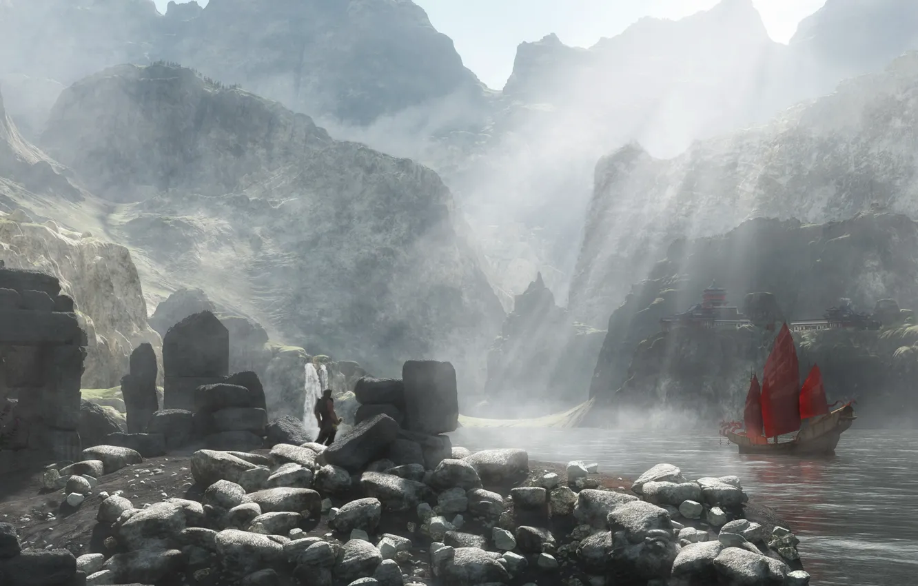 Фото обои красный, озеро, камни, скалы, человек, корабль, водопад, парусник, меч, парень, рендер