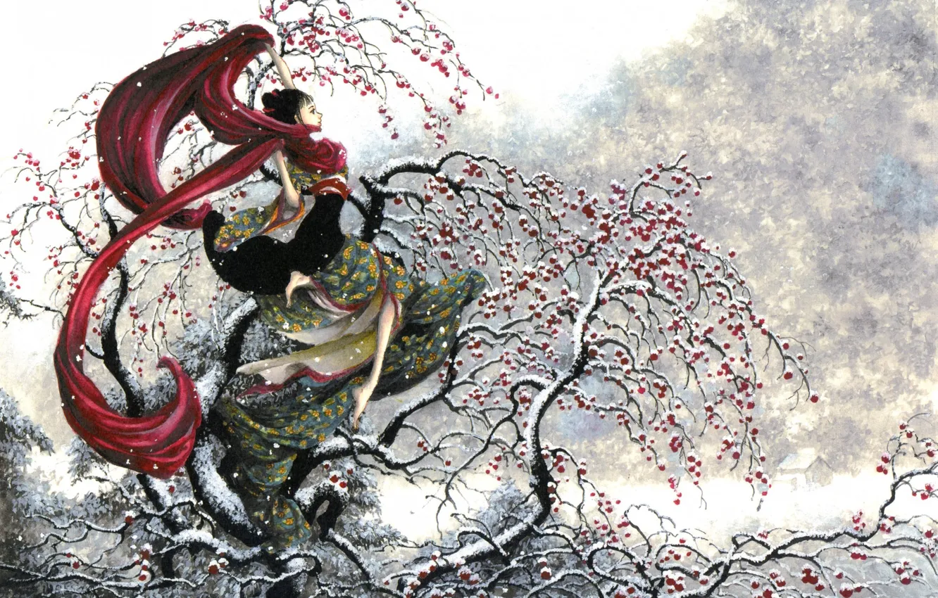 Фото обои зима, девушка, снег, яблоки, японка, япония, шарф, кимоно, азиатка, рябина, изящная, пепин
