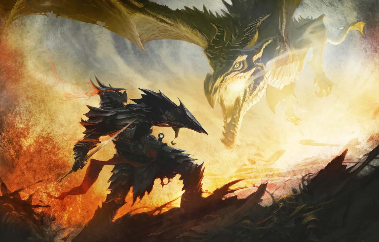 Фото обои огонь, дракон, арт, сражение, the elder scrolls, skyrim, скайрим, даедрическая броня