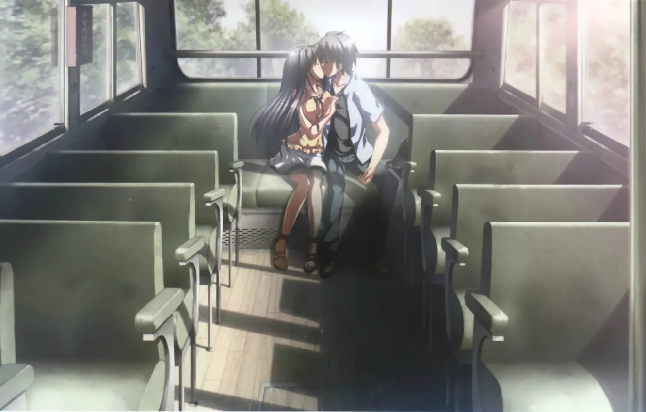 Фото обои поцелуй, автобус, сиденья, двое, art, школьники, visual novel, natsuzora perseus, mitsuishi shouna