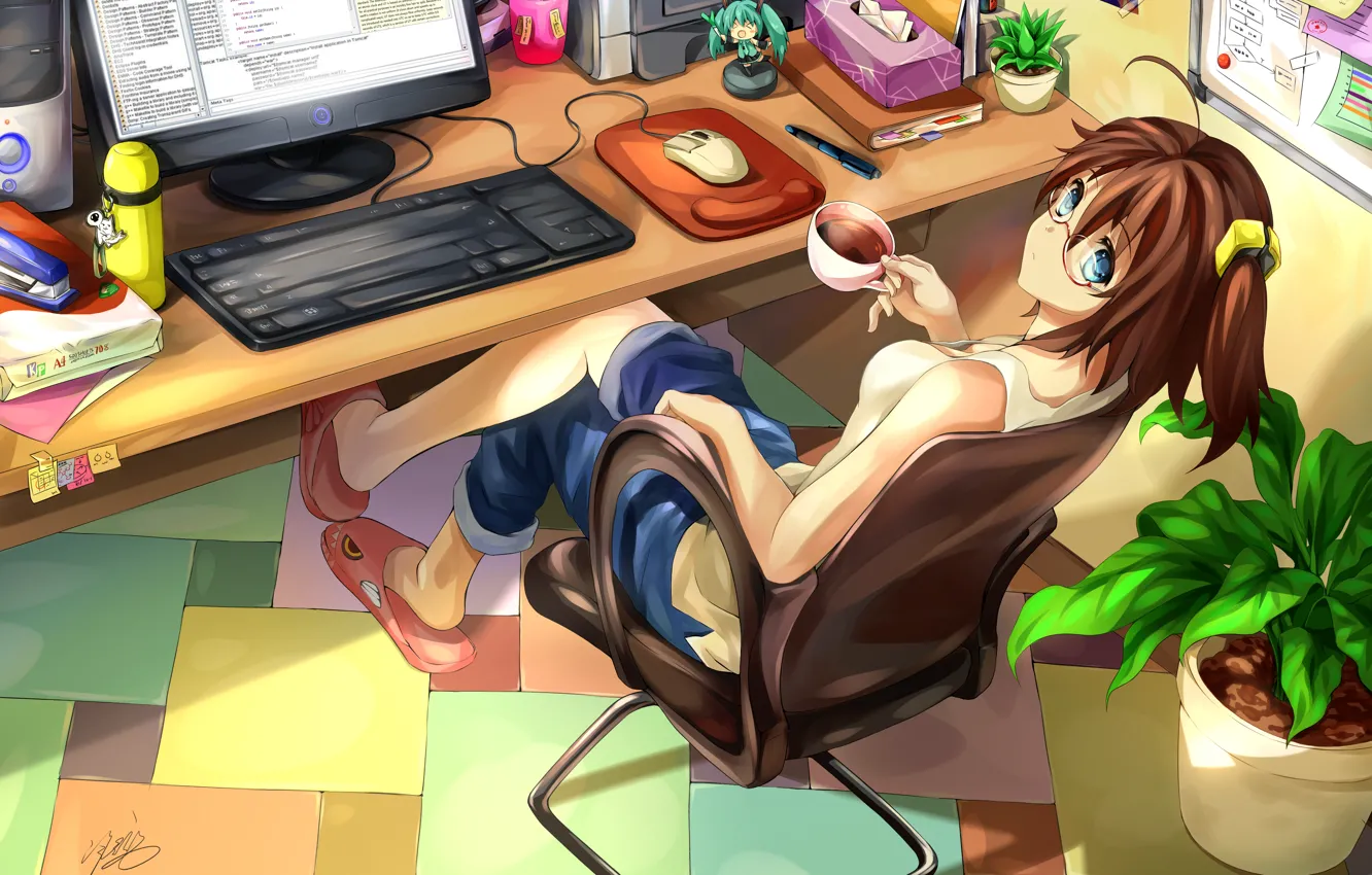 Фото обои компьютер, взгляд, девушка, комната, кофе, удивление, vocaloid, hatsune miku, вокалоид, art, yomi yasou