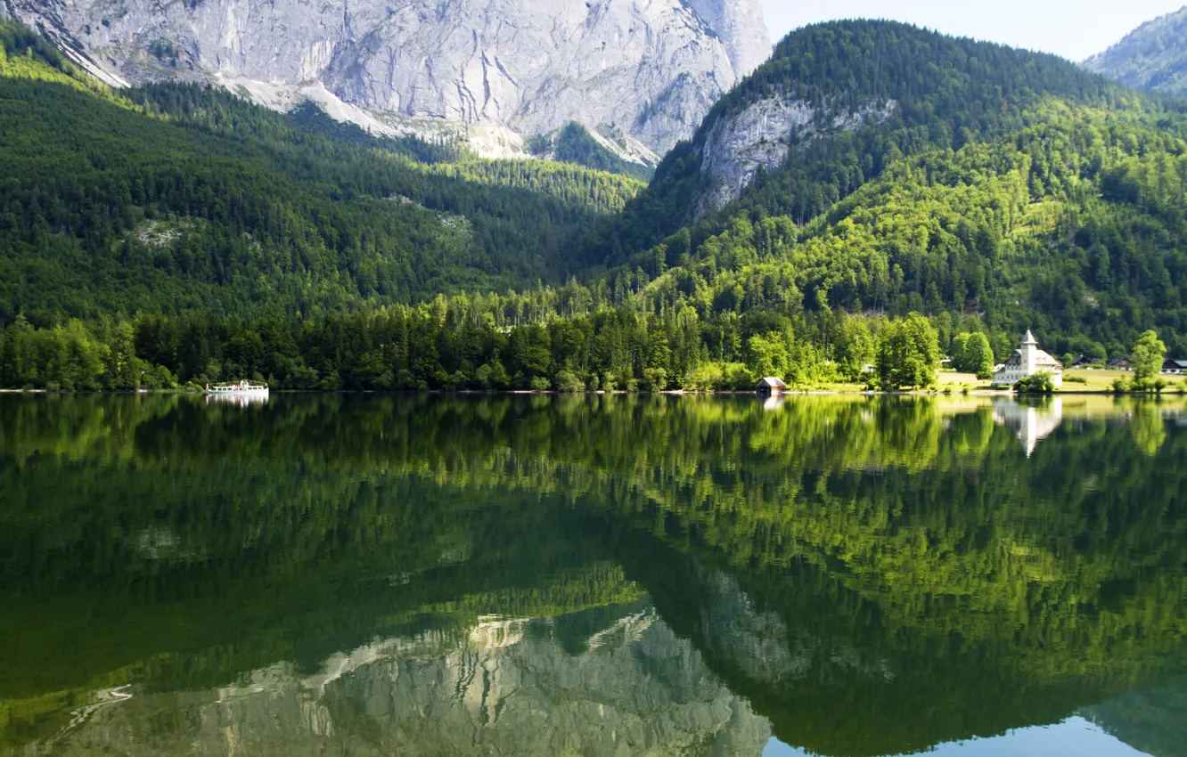 Фото обои лес, деревья, горы, озеро, отражение, скалы, Австрия, Gruner