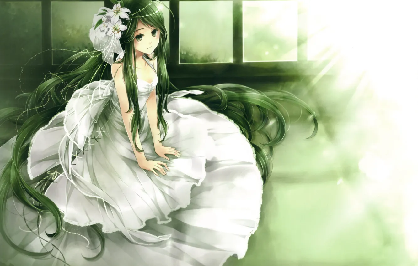 Фото обои девушка, свет, цветы, Платье, невеста, зеленые волосы
