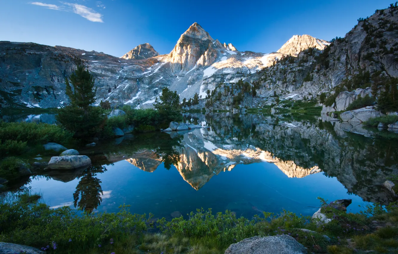 Фото обои небо, природа, озеро, отражение, камни, скалы, гора
