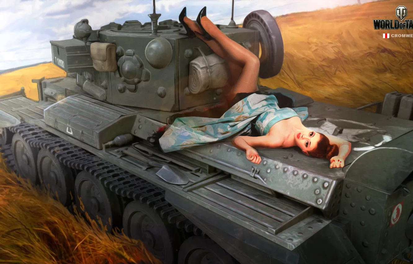 Фото обои поле, девушка, рисунок, арт, танк, колосья, британский, средний, World of Tanks, Cromwell, Nikita Bolyakov
