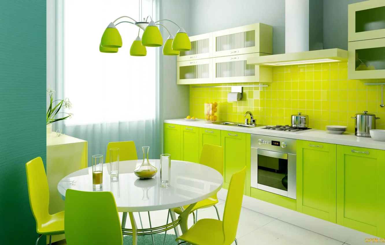Фото обои свет, цветы, зеленый, стиль, стол, обои, лампа, интерьер, окно, кухня, ваза