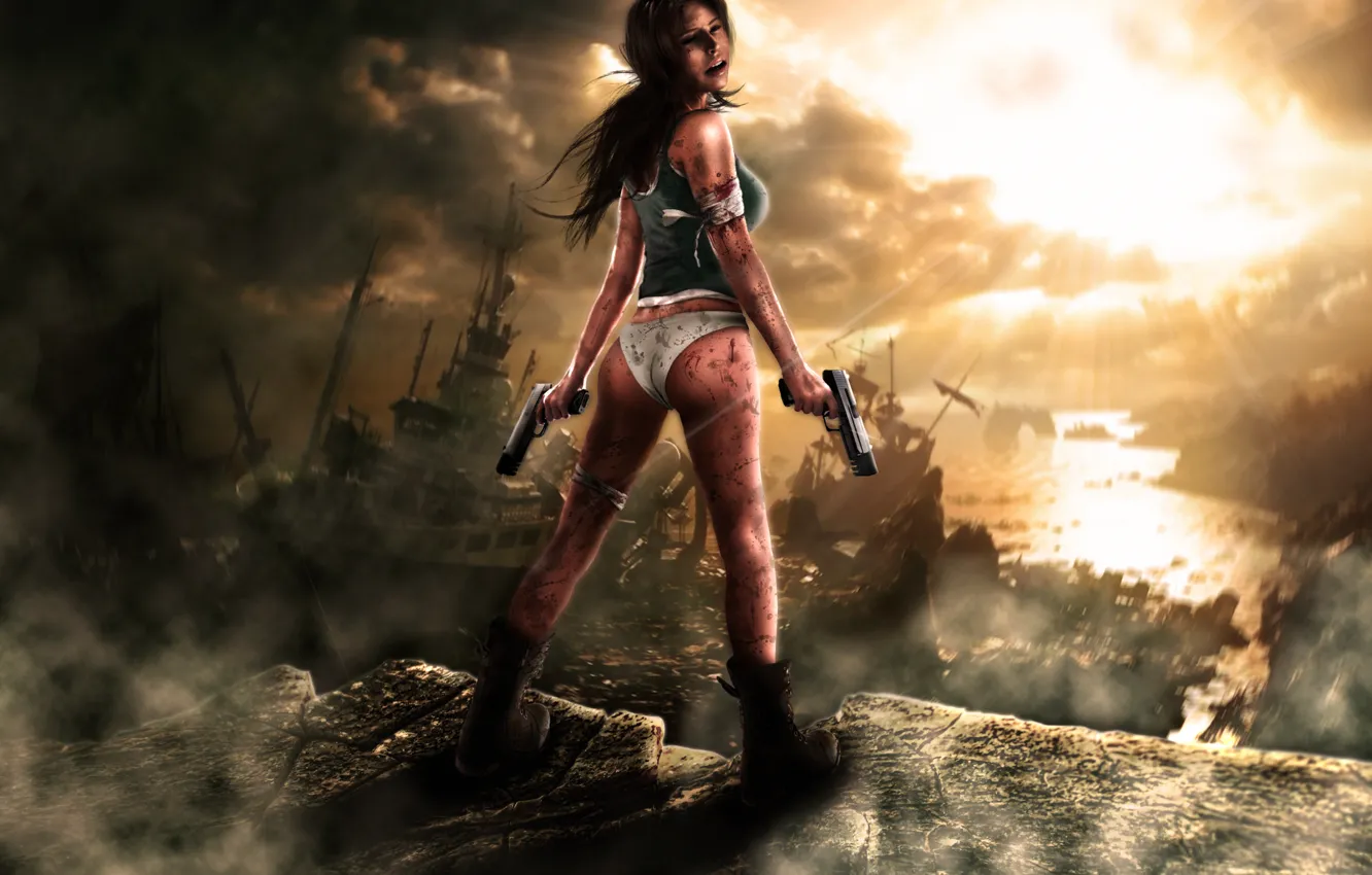 Фото обои девушка, лучи, тучи, камни, кровь, пистолеты, корабли, Tomb Raider, Lara Croft, повязки