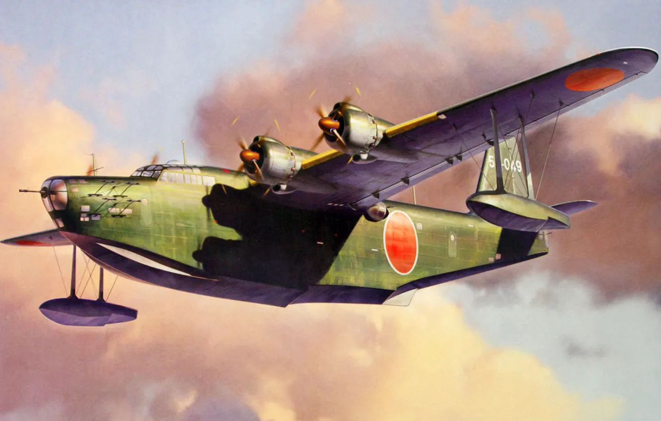 Фото обои war, art, painting, aviation, ww2, japanese airplane, Kawanishi H8K2 Type 2 Flying Boat 851st Flying …