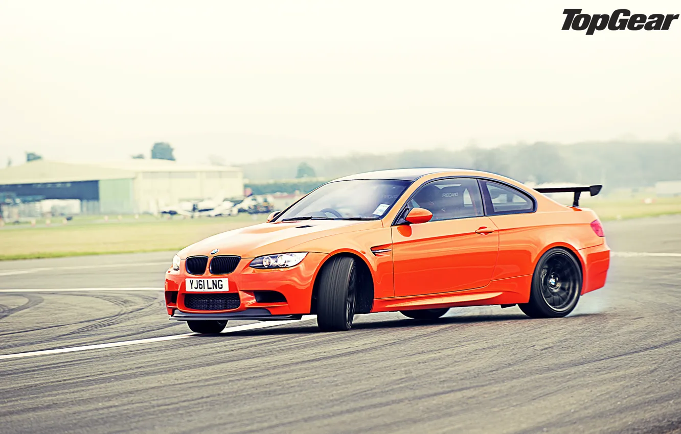 Фото обои оранжевый, BMW, занос, БМВ, суперкар, дрифт, трек, top gear, передок, самая лучшая телепередача, высшая передача, …