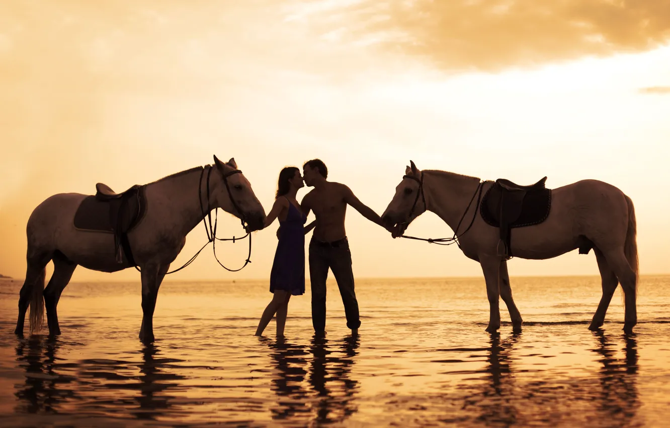 Фото обои море, девушка, закат, фото, лошади, пара, love, парень, белые, отношения, romantic, Photo, sentiment, feeling