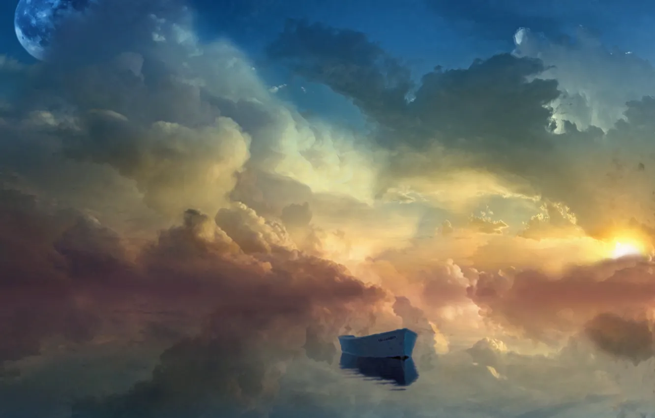 Фото обои небо, фантастика, лодка, планета