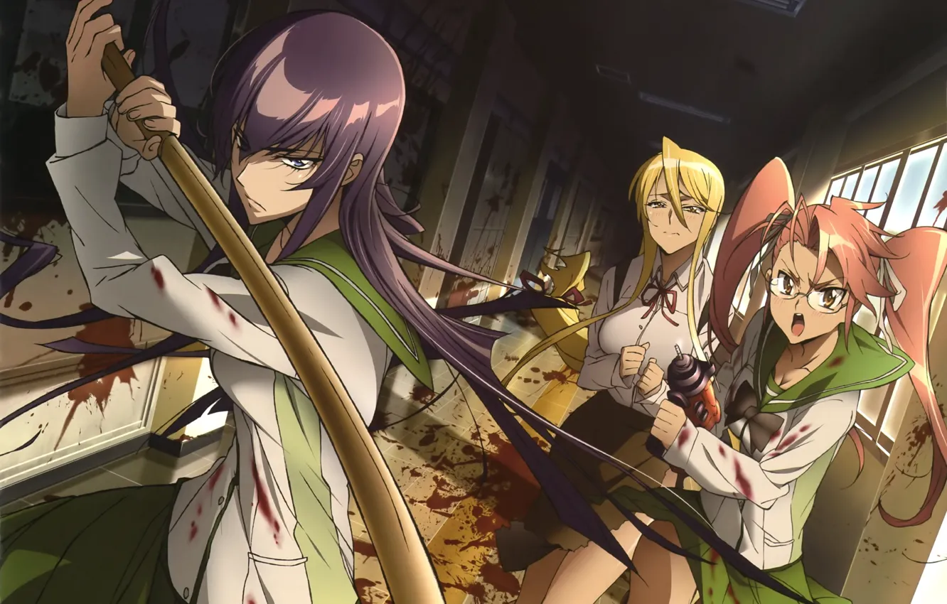 Фото обои оружие, девушки, кровь, зомби, школа, highschool of the dead, busujima saeko, сая такаги, саэко бусудзима