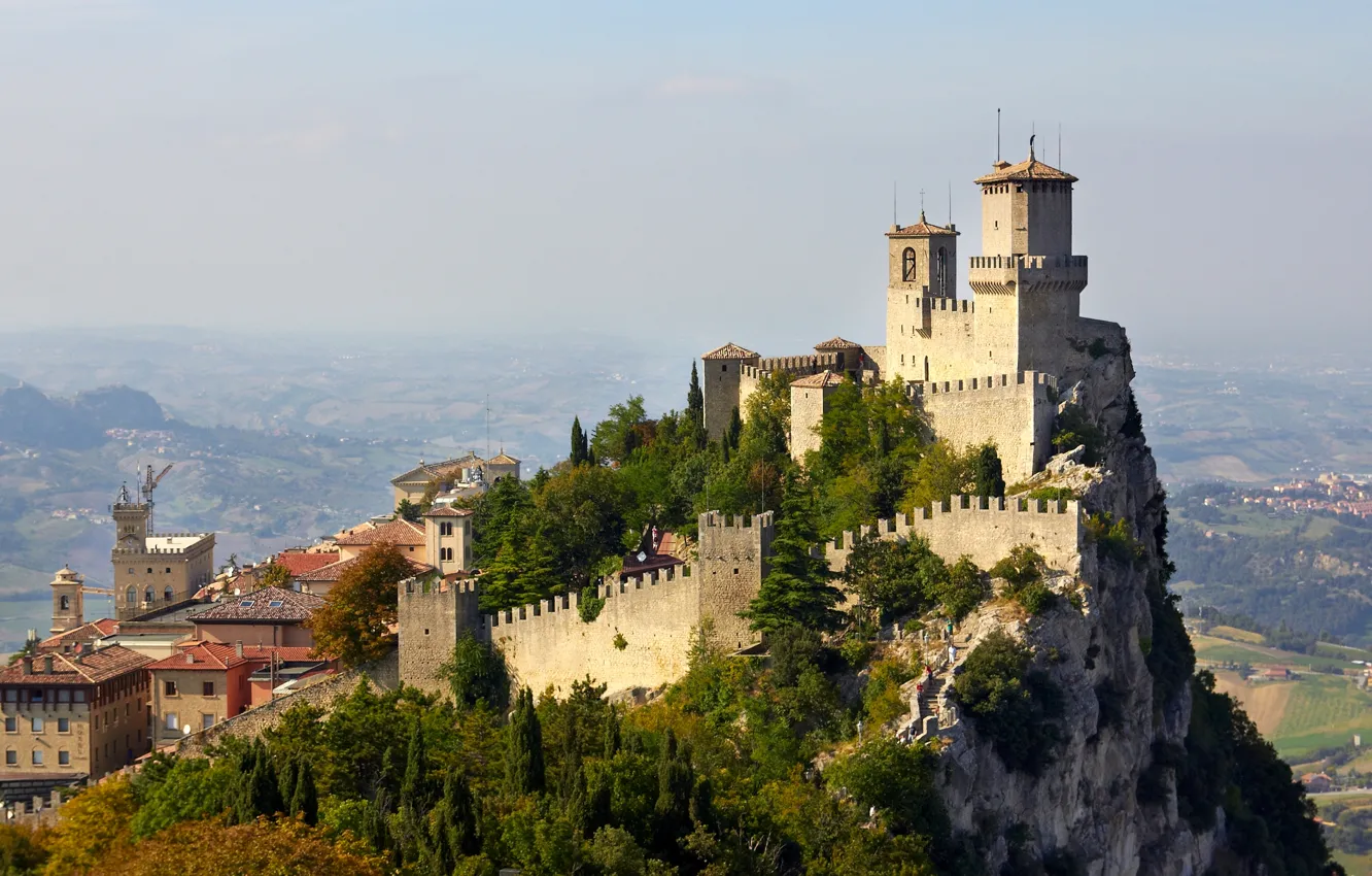 Фото обои скалы, гора, панорама, крепость, Сан-Марино, Mount Titano, San Marino Historic Centre