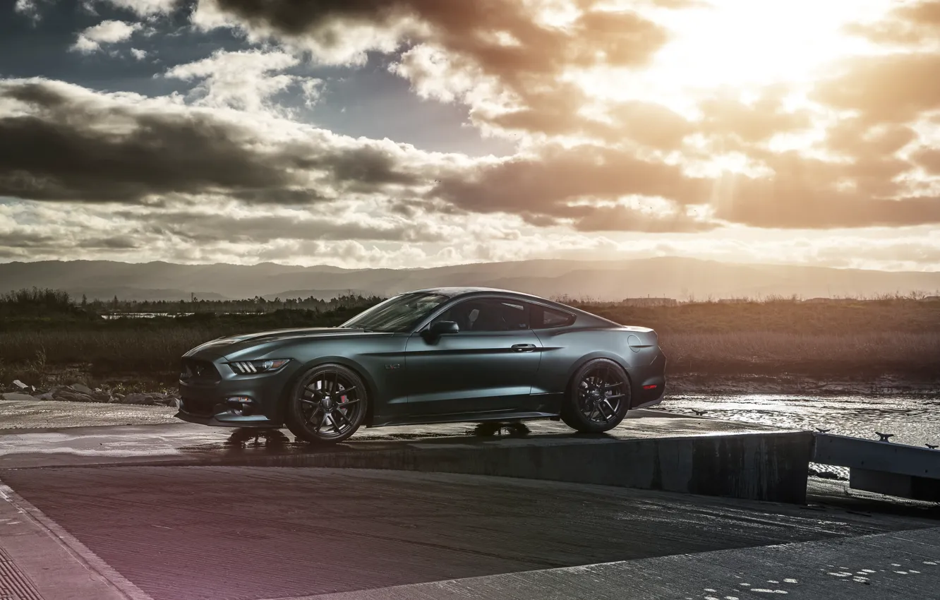 Фото обои Mustang, Ford, Muscle, Car, Front, Sun, Sunset, Wheels, 2015, Velgen
