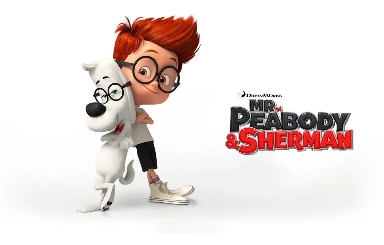Фото обои мультфильм, собака, мальчик, очки, белый фон, персонажи, Sherman, Приключения мистера Пибоди и Шермана, Mr. Peabody …